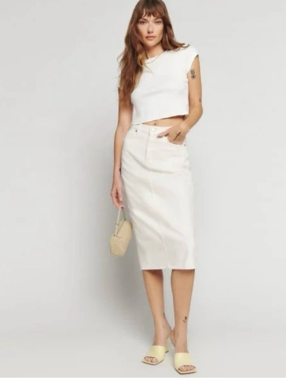 Reformation Jayde High Rise White Denim Midi Pencil Skirt SZ 25 EUC